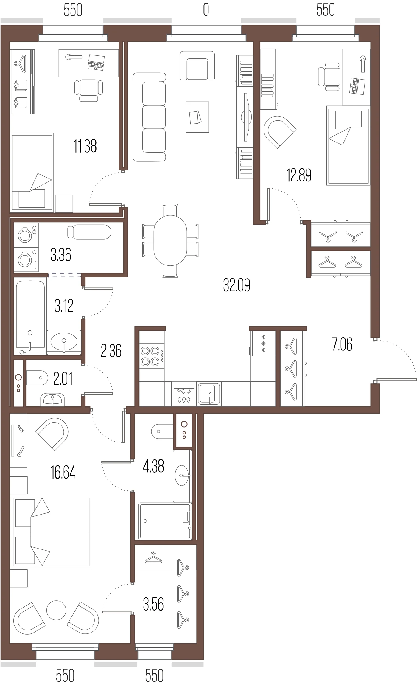 Планировка 3-комнатная 98,8 м² в ЖК «Сампсониевский, 32» — «Сампсониевский, 32»