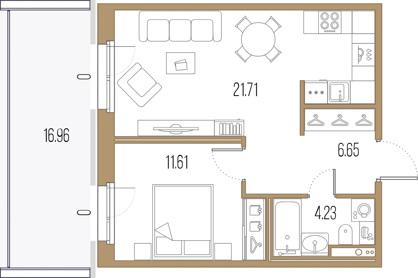 Планировка 1-комнатная 44,2 м² в ЖК «Сампсониевский, 32» — «Сампсониевский, 32»