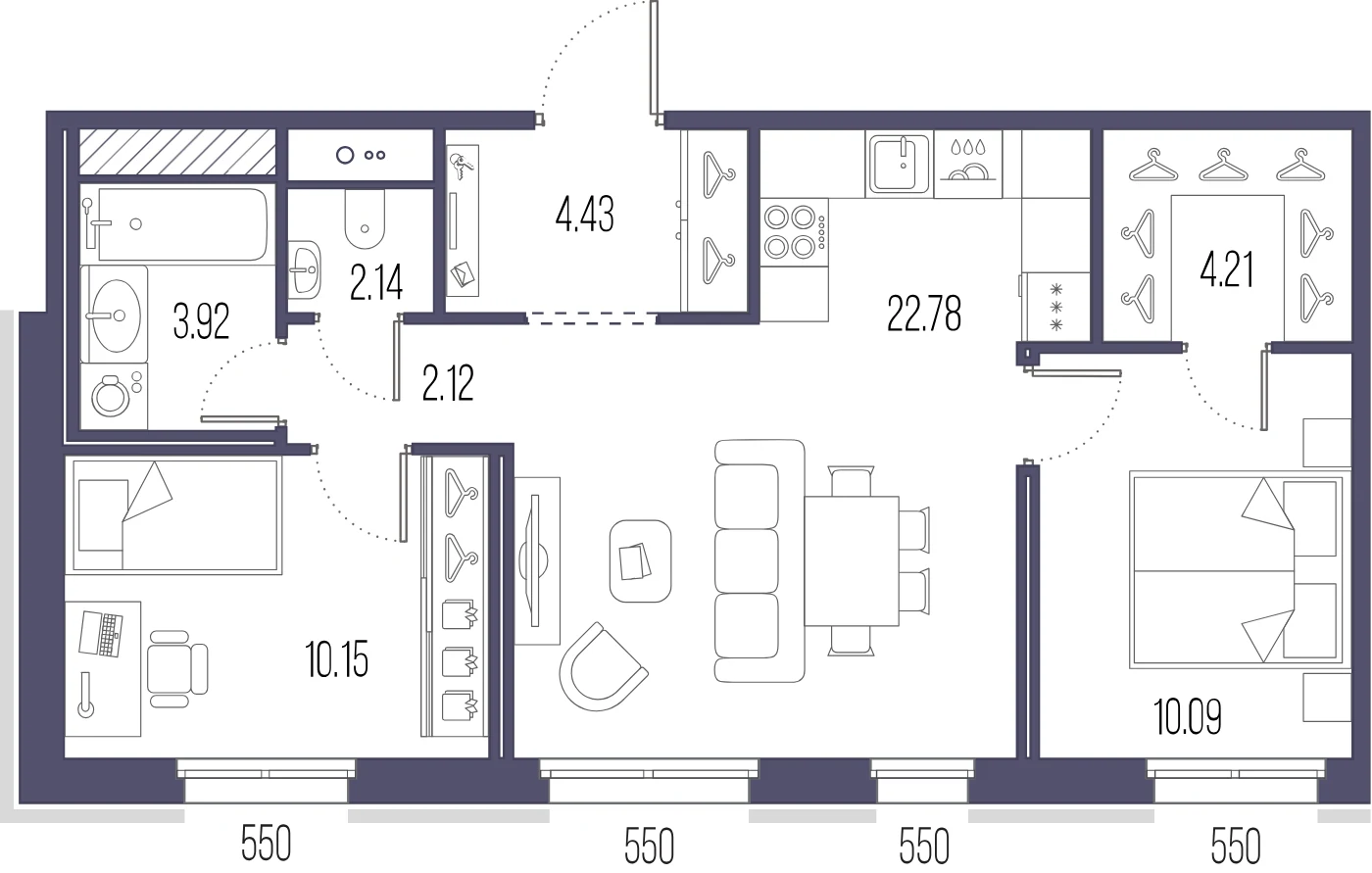 Планировка 2-комнатная 59,8 м² в ЖК «Сампсониевский, 32» — «Сампсониевский, 32»