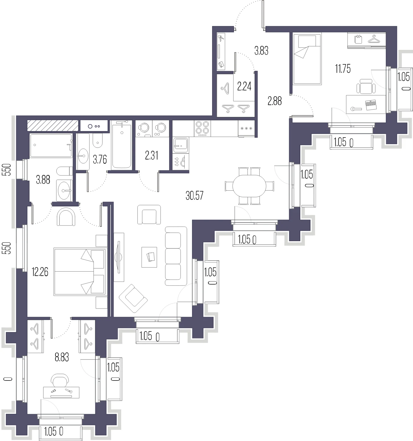 Планировка 2-комнатная 82,3 м² в ЖК «Сампсониевский, 32» — «Сампсониевский, 32»