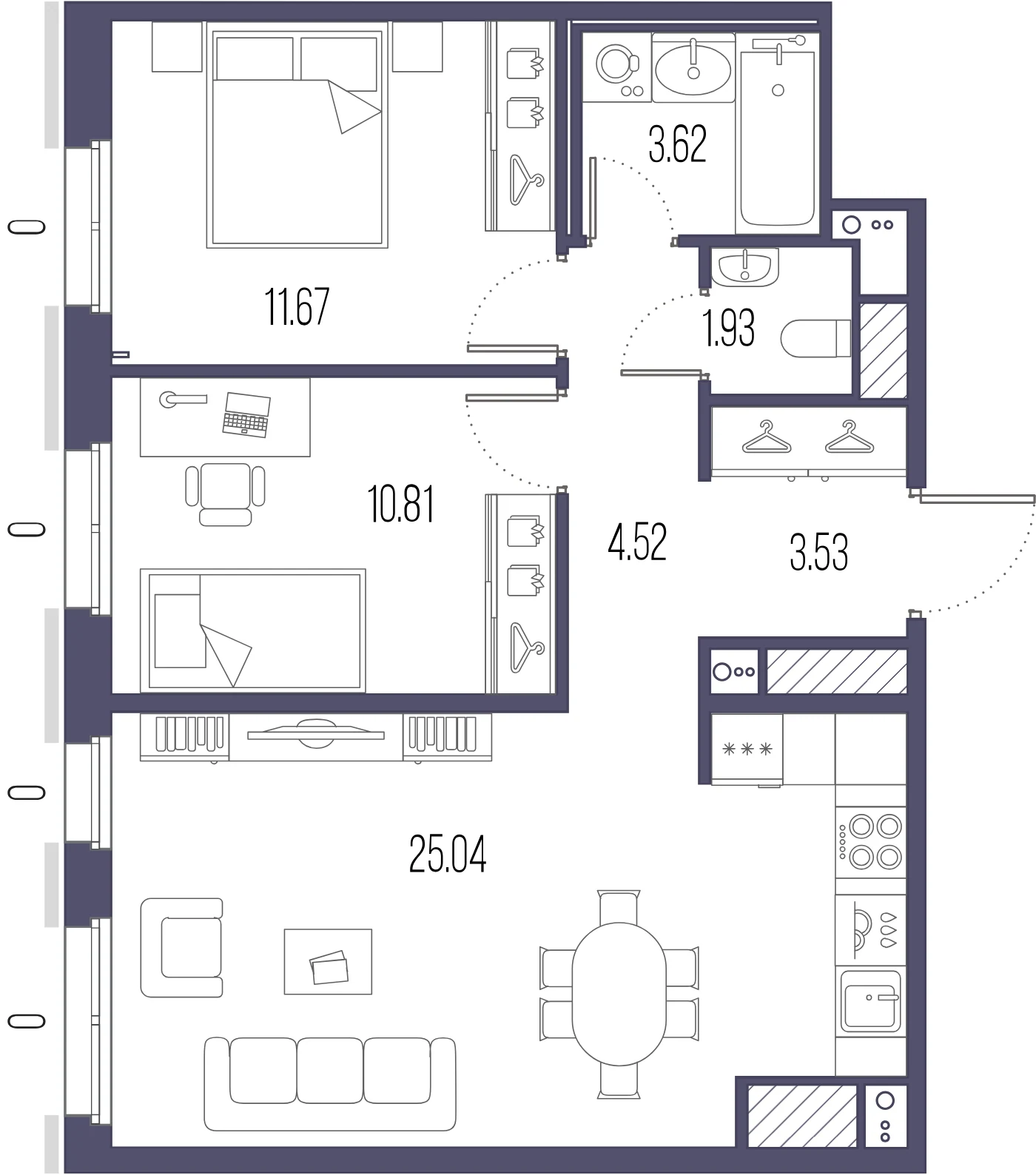 Планировка 2-комнатная 61,1 м² в ЖК «Сампсониевский, 32» — «Сампсониевский, 32»