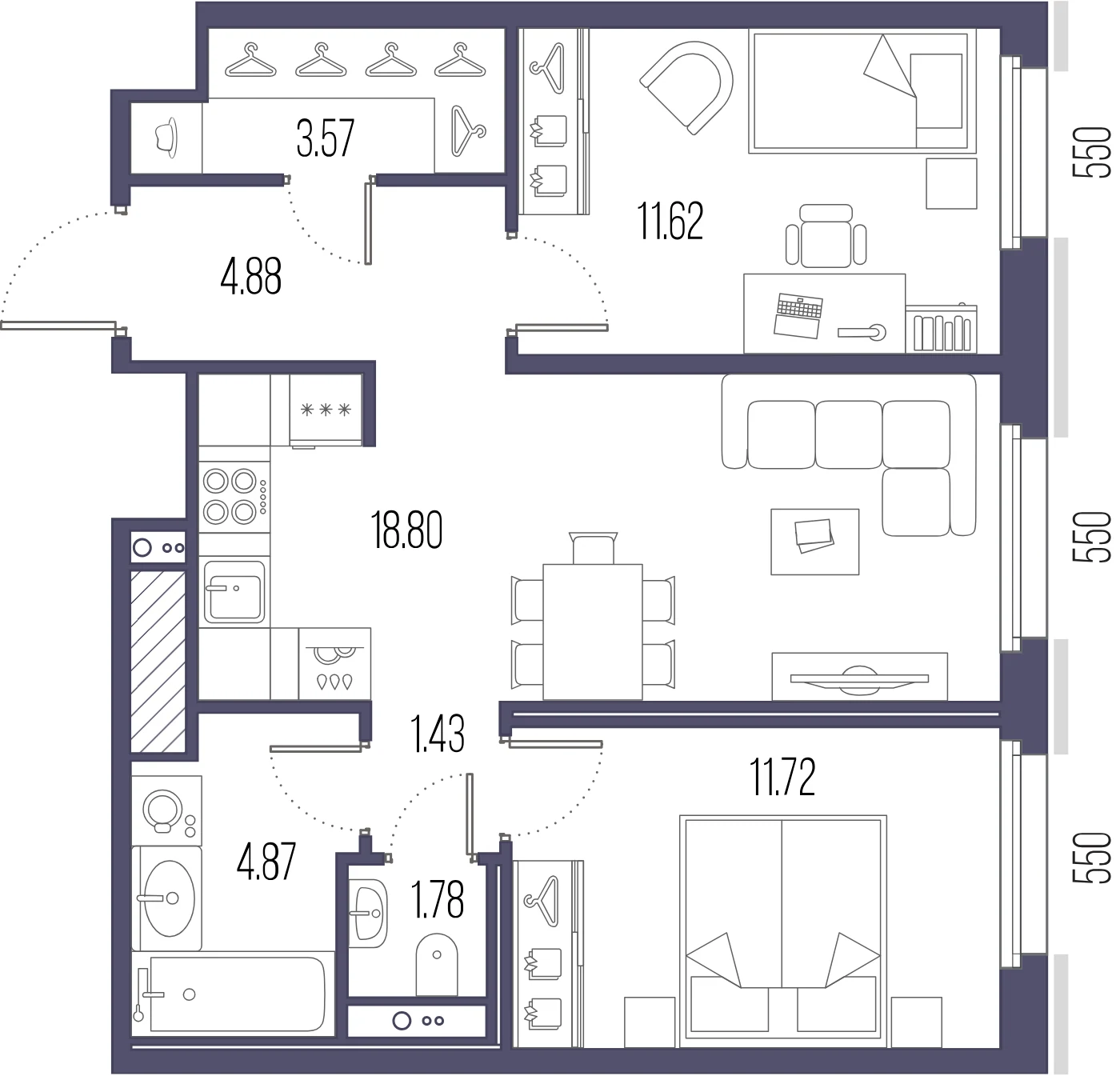Планировка 2-комнатная 58,7 м² в ЖК «Сампсониевский, 32» — «Сампсониевский, 32»