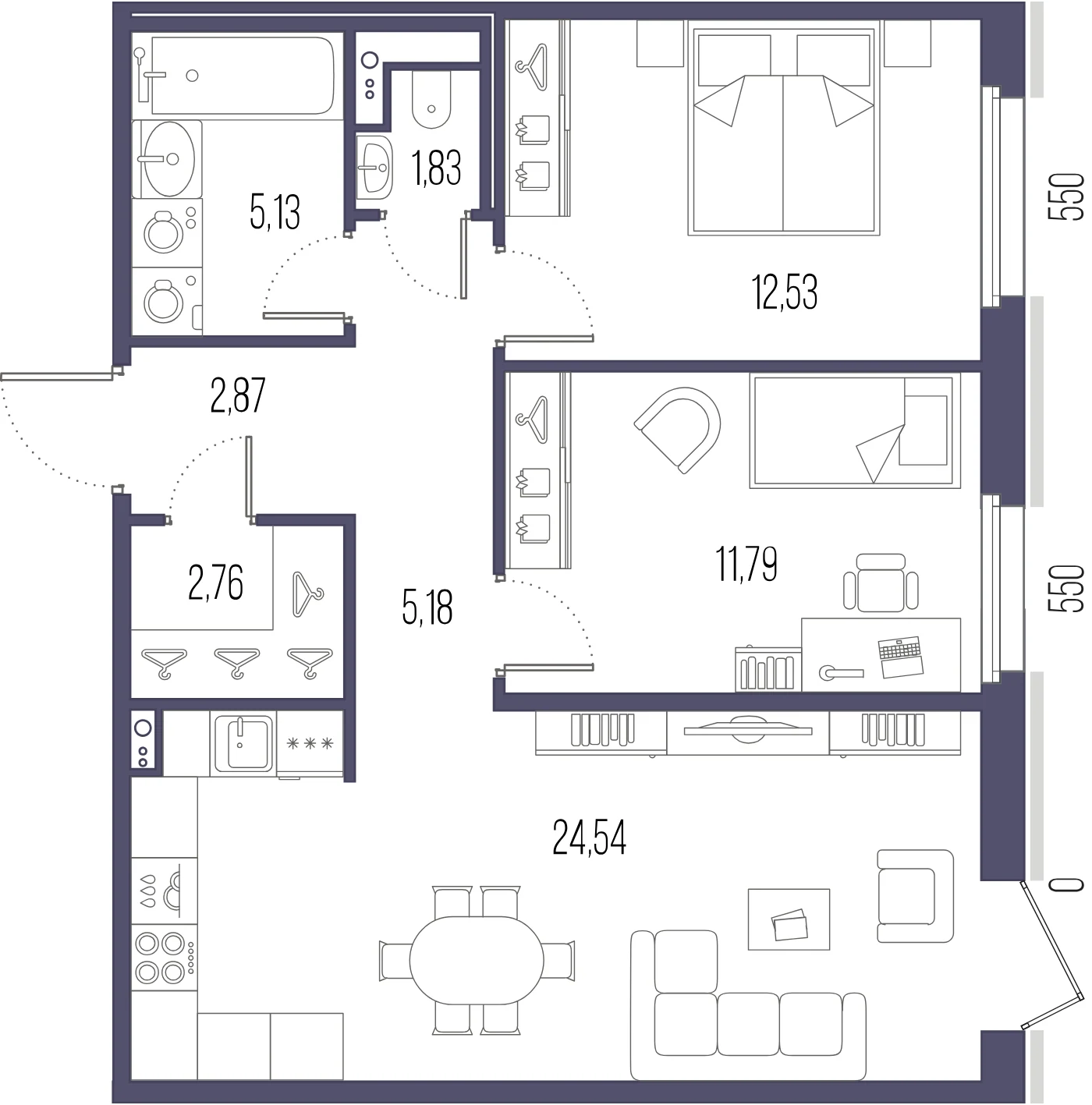 Планировка 2-комнатная 66,6 м² в ЖК «Сампсониевский, 32» — «Сампсониевский, 32»