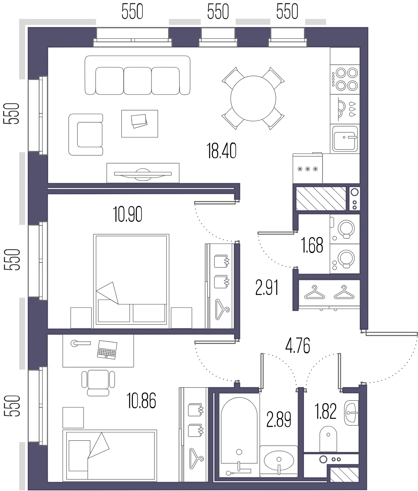 Планировка 2-комнатная 54,2 м² в ЖК «Сампсониевский, 32» — «Сампсониевский, 32»