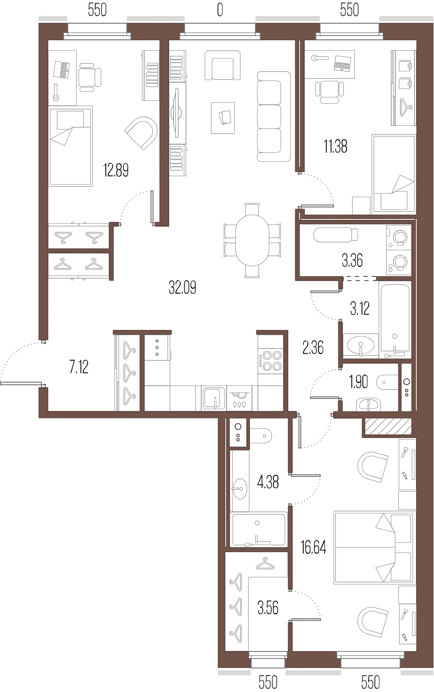 Планировка 3-комнатная 98,7 м² в ЖК «Сампсониевский, 32» — «Сампсониевский, 32»