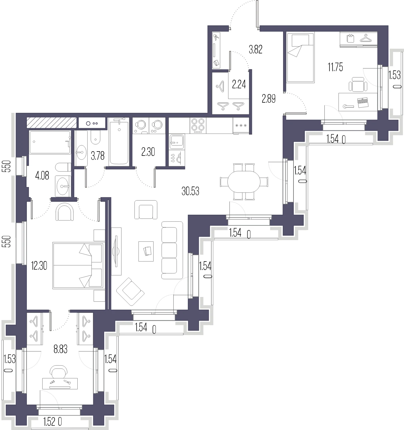 Планировка 2-комнатная 82,5 м² в ЖК «Сампсониевский, 32» — «Сампсониевский, 32»