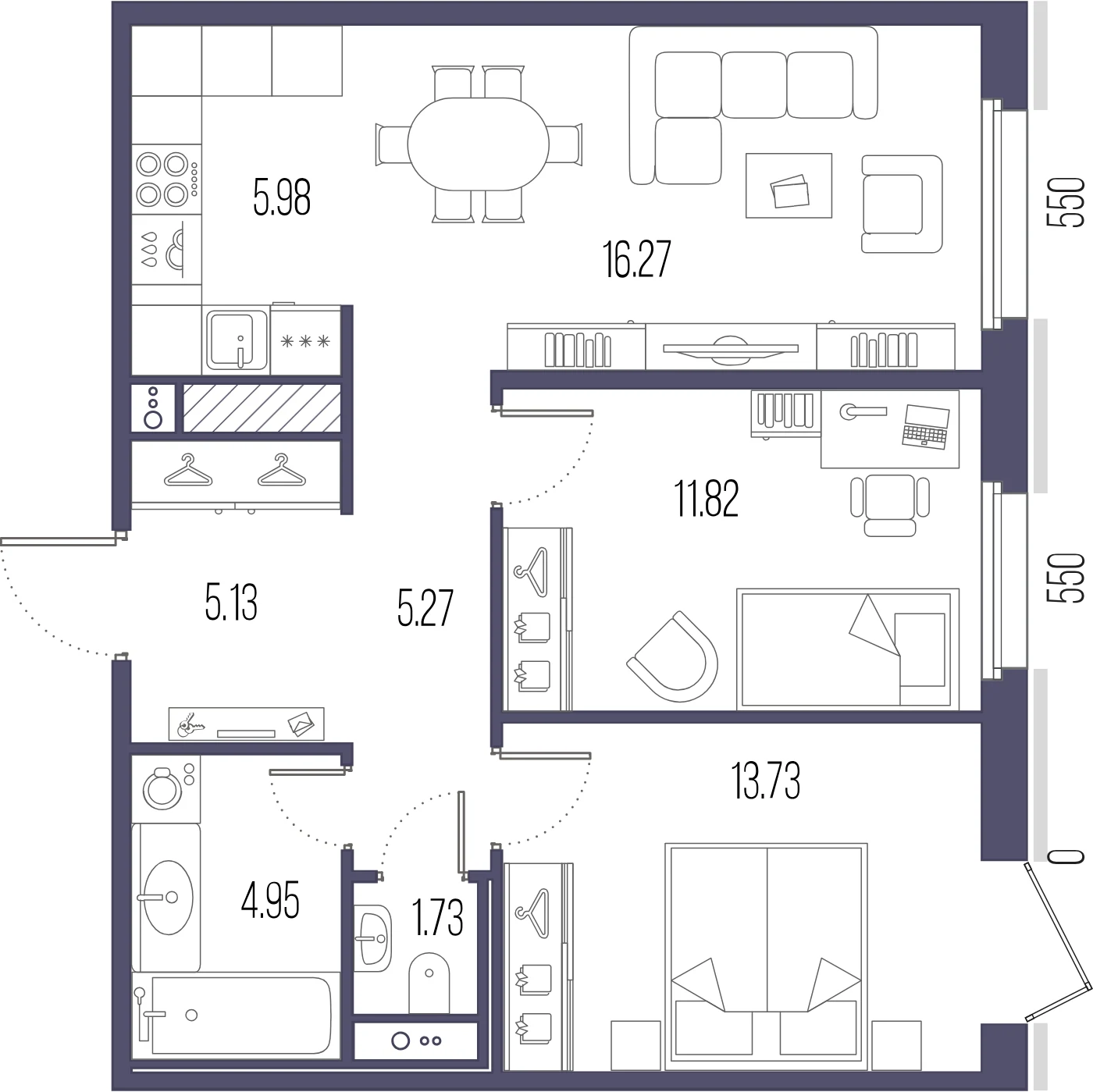 Планировка 2-комнатная 64,9 м² в ЖК «Сампсониевский, 32» — «Сампсониевский, 32»