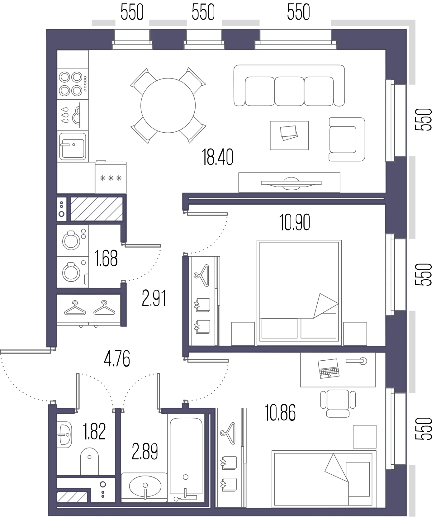Планировка 2-комнатная 54,2 м² в ЖК «Сампсониевский, 32» — «Сампсониевский, 32»